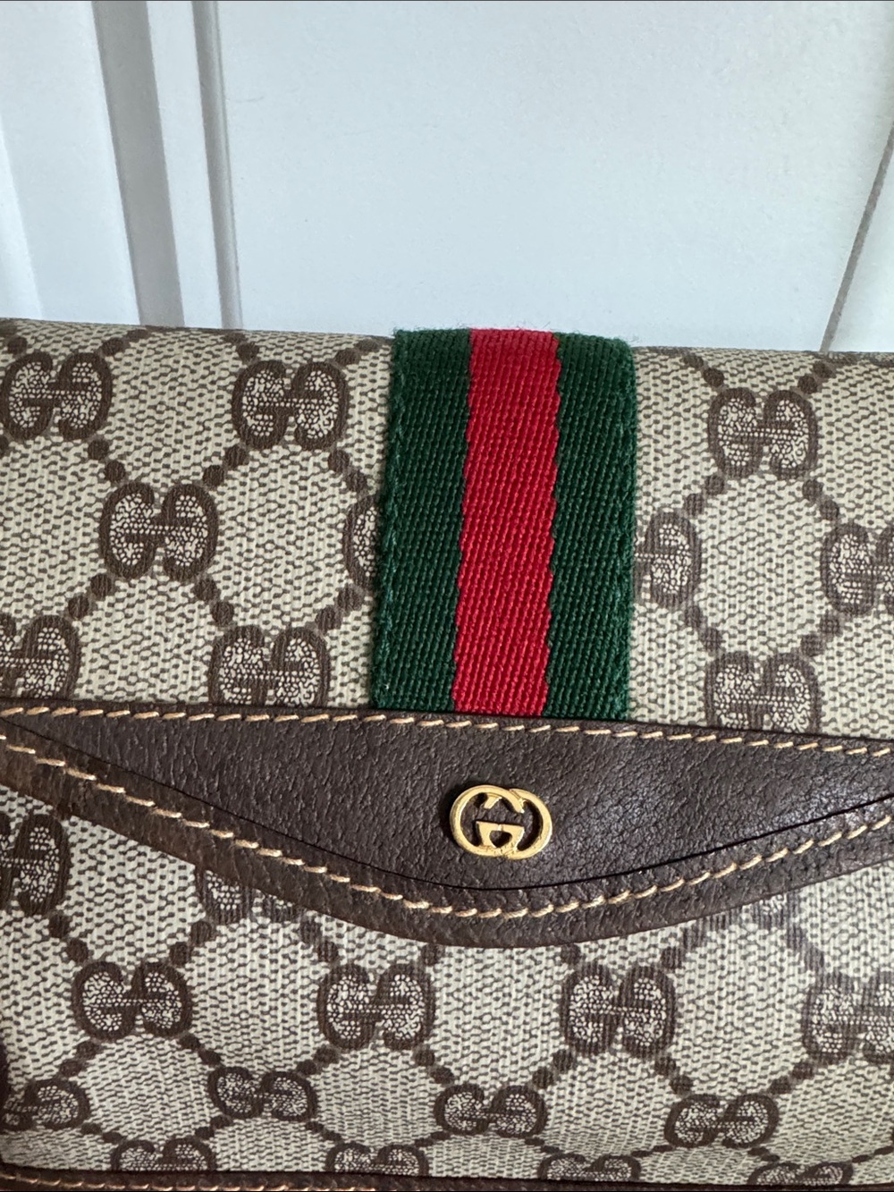 Gucci Beige Brown GG Canvas Bag with Green-Red Web Stripe